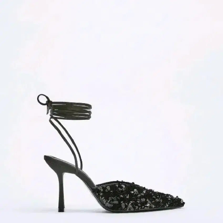 [BUNJANG] Zara Sequin Slingback Heels - Black, 38 (245) / zara 자라 시퀸 스팽글 슬링백 힐 - 블랙 ,38(245)