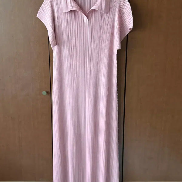 [BUNJANG] Pink Pleated Long Collar Dress One Size / 핑크 카라 롱 원피스