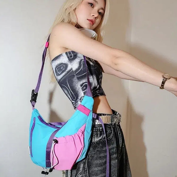 [BUNJANG] Canvas Shoulder Bag Blue Pink Mix / 캔버스 숄더백 블루 핑크 믹스