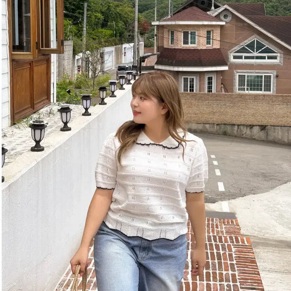 [BUNJANG] Plus Size Contrast Collar Knit Ivory / 빅사이즈 카라 배색 니트 아이보리