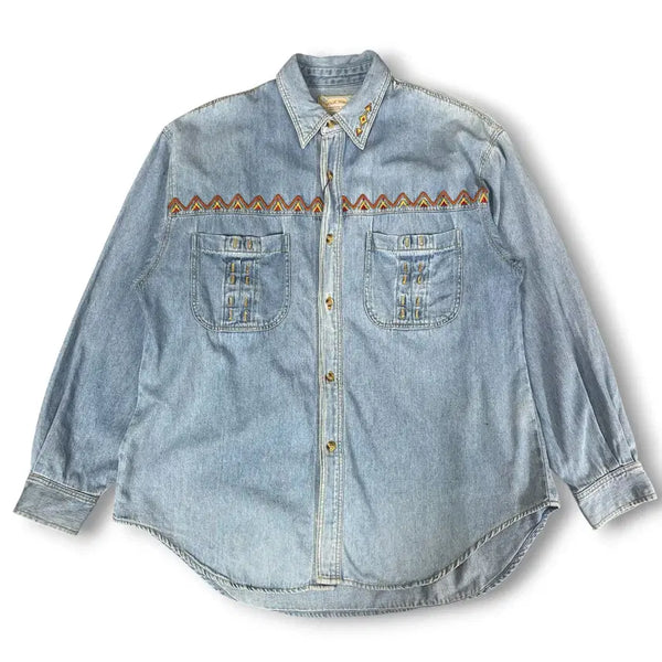 [BUNJANG] 90s Dixie Sport Ethnic Embroidered Denim Shirt M / 90s JPN 딕시스포츠 에스닉자수 포인트 데님 셔츠 M