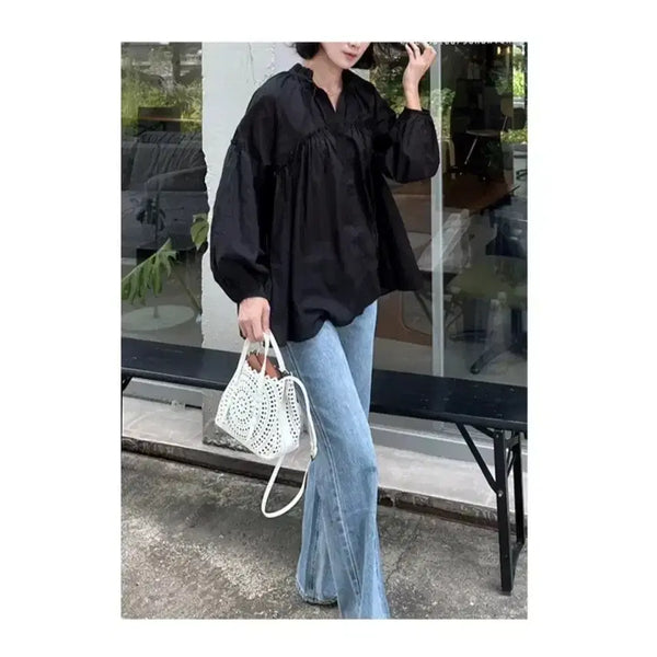 [BUNJANG] Jjeonguri Market Ruffle Blouse - Black / 쩡구리마켓 프릴 블라우스 - 블랙