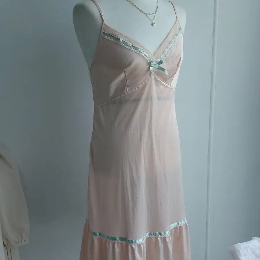 [BUNJANG] Vintage Lace Ribbon Slip Dress - Pink / [빈티지] 레이스 리본 슬립 원피스 핑크 세탁완