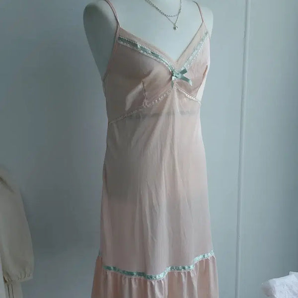[BUNJANG] Vintage Lace Ribbon Slip Dress - Pink / [빈티지] 레이스 리본 슬립 원피스 핑크 세탁완