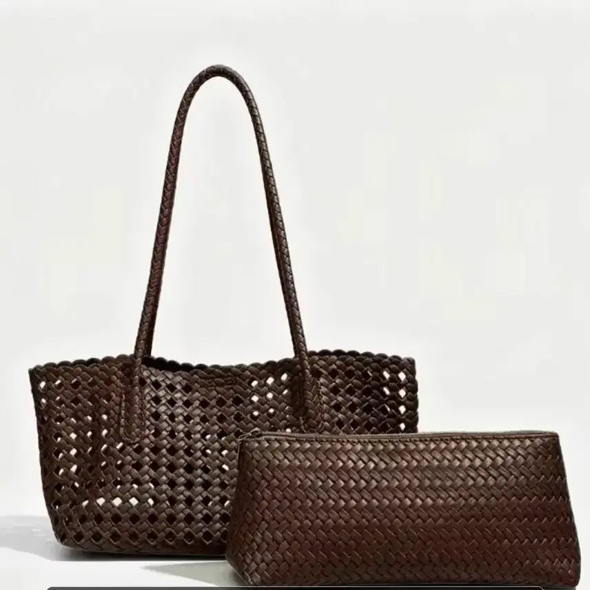 [BUNJANG] Weaving Style Tote Bag Pouch Set - Brown / 샤상품 위빙스타일 토트백 파우치 세트 브라운