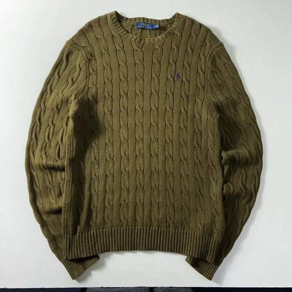 [BUNJANG] Polo Ralph Lauren Embroidered Cotton Cable Knit Sweater / Polo  폴로 랄프로렌 자수 코튼 카키 케이블 니트