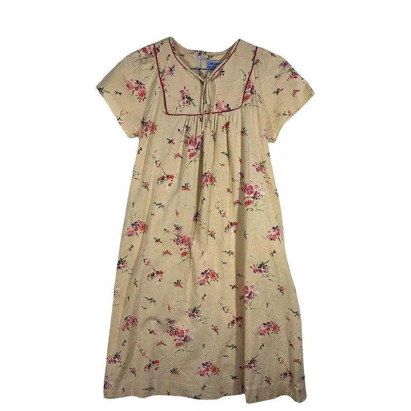 [BUNJANG] Beige Floral Ribbon Short Sleeve Dress / 베이지 플라워 리본 반팔 원피스 [S] 로맨틱 잔꽃 코튼 100%