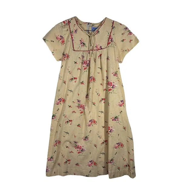 [BUNJANG] Beige Floral Ribbon Short Sleeve Dress / 베이지 플라워 리본 반팔 원피스 [S] 로맨틱 잔꽃 코튼 100%