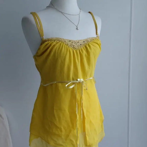 [BUNJANG] Japanese Vintage Yellow Chiffon Sleeveless Blouse with Lace Detail / [일본빈티지] 옐로우 쉬폰 나시 블라우스