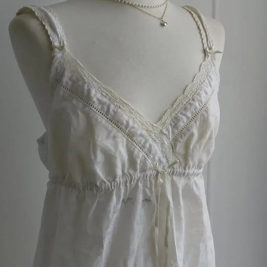 [BUNJANG] Vintage Lace Sleeveless Long Dress White / [빈티지] 레이스 민소매 롱 원피스 화이트