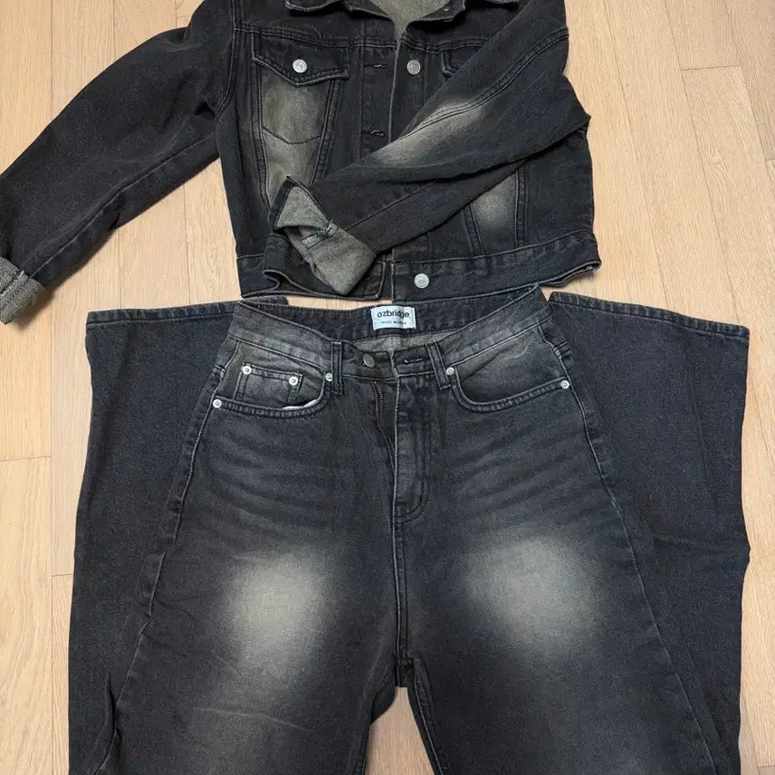 [BUNJANG] Ablley Black Wash Crop Jacket + Black Wash Wide Pants Set / 에이블리 흑청 워싱 크롭자켓+흑청 워싱 와이드 팬츠 세트