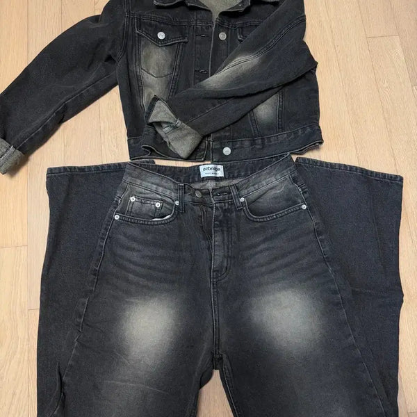 [BUNJANG] Ablley Black Wash Crop Jacket + Black Wash Wide Pants Set / 에이블리 흑청 워싱 크롭자켓+흑청 워싱 와이드 팬츠 세트