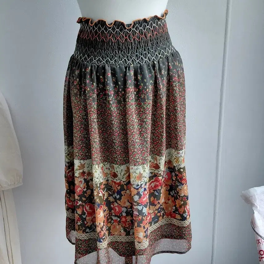 [BUNJANG] Vintage Hippie Pattern Chiffon Midi Skirt / [빈티지] 히피 패턴 쉬폰 스커트 허리 큼