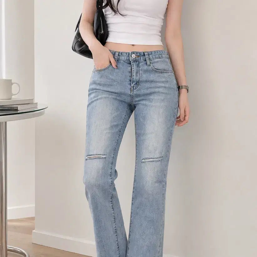 [BUNJANG] Light Blue Wash Knee Slit Straight Leg Cut Hem Denim Pants / 연청 무릎트임 일자핏 컷팅 데님팬츠 (무료배송)