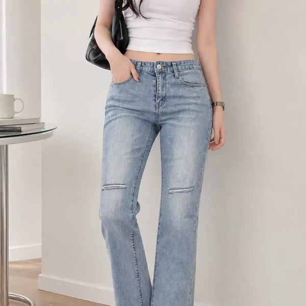 [BUNJANG] Light Blue Wash Knee Slit Straight Leg Cut Hem Denim Pants / 연청 무릎트임 일자핏 컷팅 데님팬츠 (무료배송)