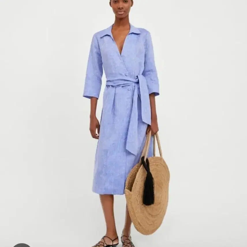 [BUNJANG] ZARA Linen Wrap Dress Blue / ZARA 자라 린넨 랩 원피스 블루