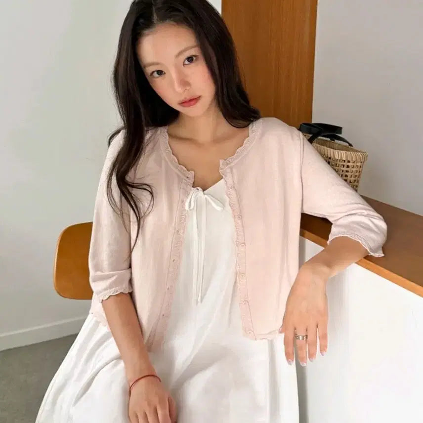 [BUNJANG] Lettera Floral Wave Trim Cardigan Pink Beige / 레테라 Floral Wave Trim Cardigan 핑크베이지