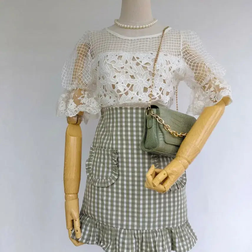 [BUNJANG] DouBle Green Check Ruffle Skirt / 체크 프릴 스커트