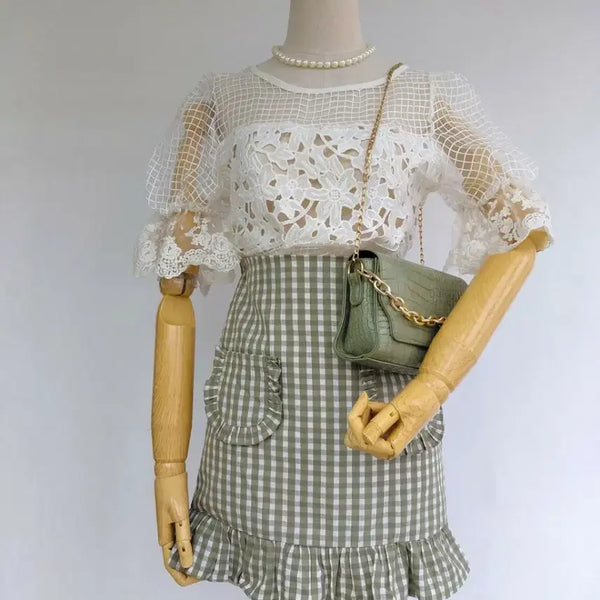 [BUNJANG] DouBle Green Check Ruffle Skirt / 체크 프릴 스커트