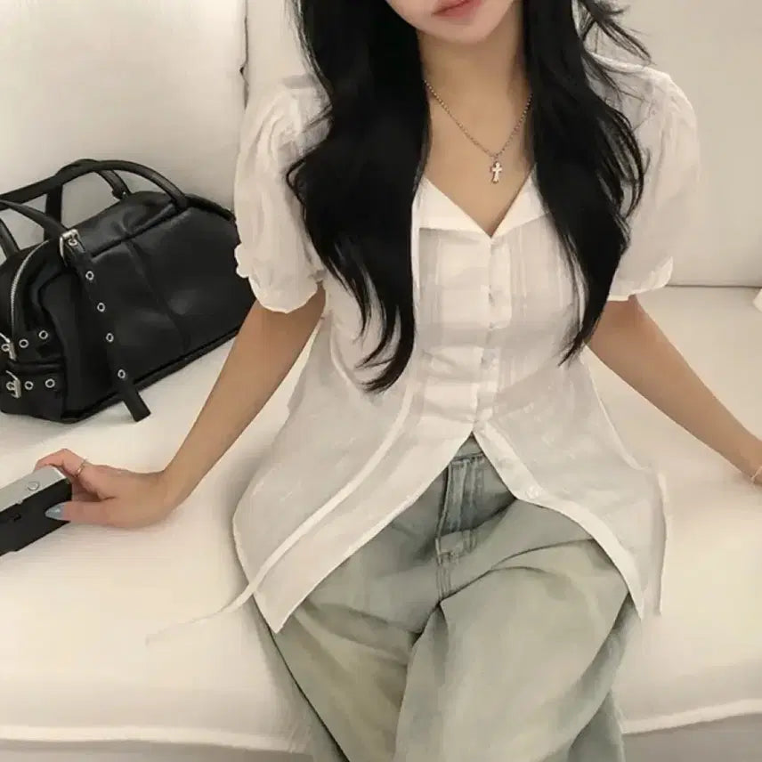 [BUNJANG] Puff Sleeve Shirt Dress - White / 퍼프소매 셔츠 원피스 화이트