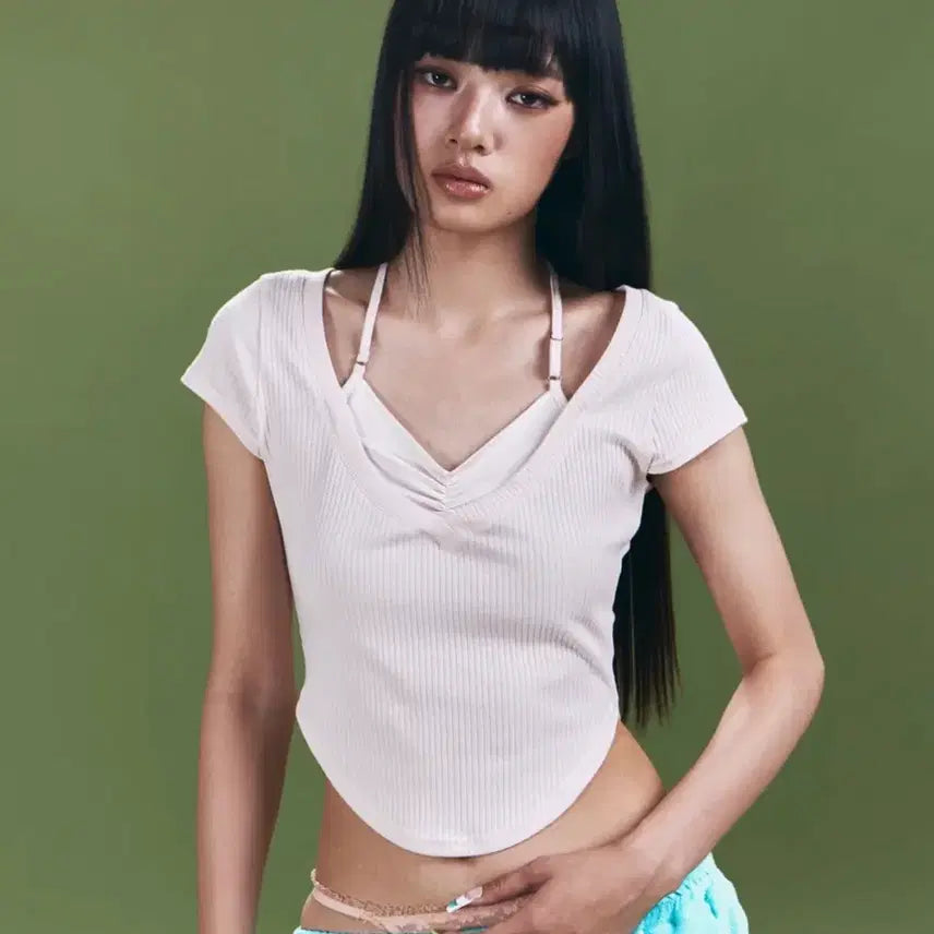 [BUNJANG] PLEASENOFALLOW Zeline Layered Short Sleeve Top (Baby Pink) / 플리즈노팔로우 Zeline Layered Short Sleeve Top (Baby Pink)