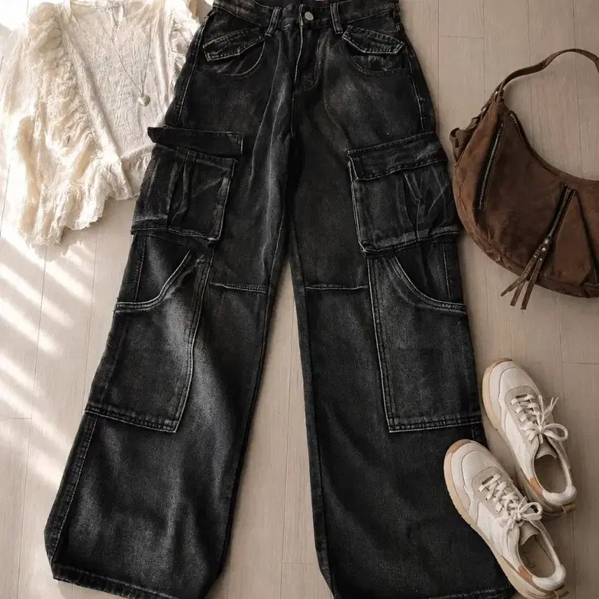 [BUNJANG] Black Denim Washed Wide Cargo Pants / [핏예쁨] 흑청 워싱 와이드 카고 바지 (허단 33 / 총장 100)
