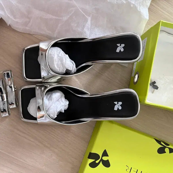 [BUNJANG] Kang Sisters Ribbon Mules 7cm Silver / 강자매 리본뮬 7cm 실버