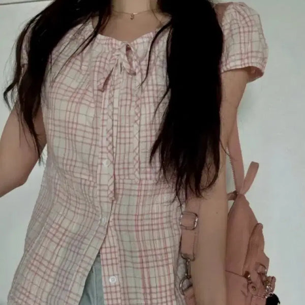 [BUNJANG] Check Ribbon Short Sleeve Blouse / 체크 리본 블라우스 반팔 블라우스