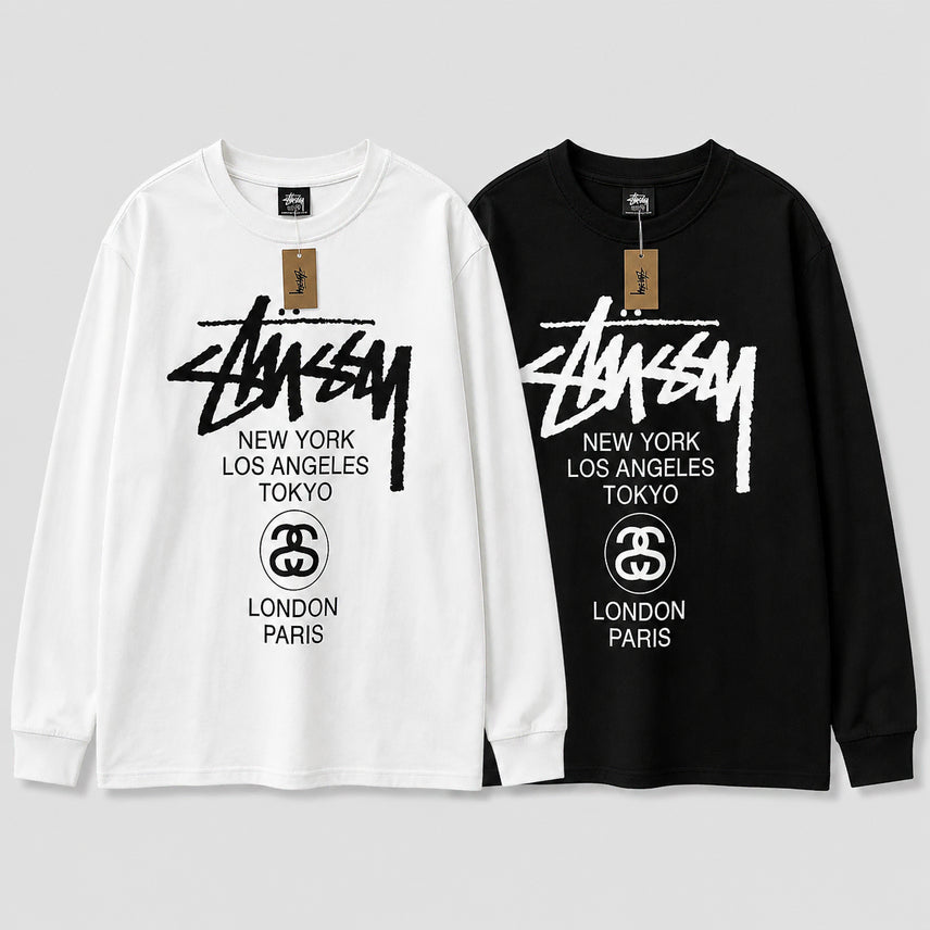 [BUNJANG] Stussy World Tour Long Sleeve T-Shirt Black White / [정품][최저가보장] 스투시 월드투어 롱슬리브 긴팔 티셔츠 블랙 화이트