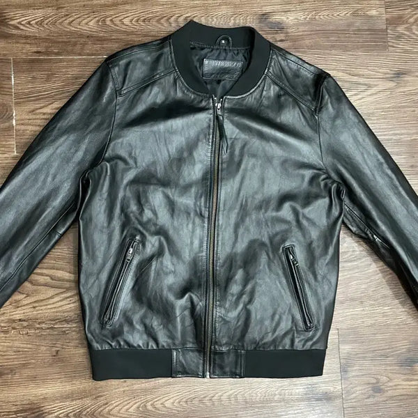 [BUNJANG] Genuine Sheepskin Leather Bomber Jacket (MA-1 Style) / 천연 양가죽 블랙 레더 봄버 자켓 블루종 ma-1