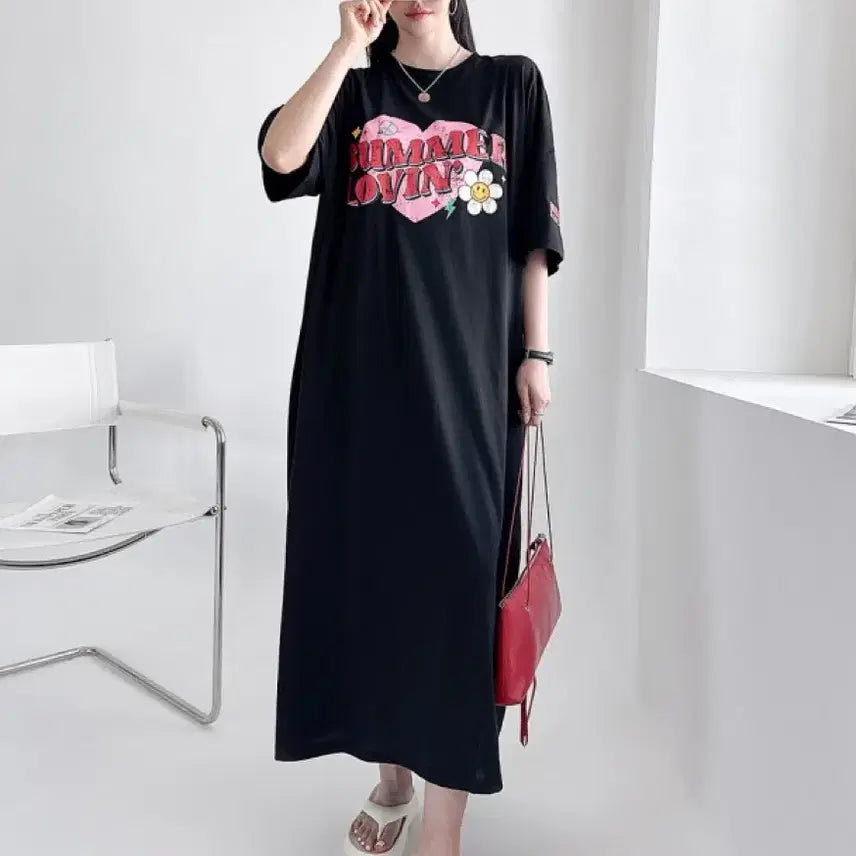 [BUNJANG] Summer Love Logo Short Sleeve Long Dress / 새상품 썸머 러브 로고 반팔 롱 원피스 루즈핏 임부복 빅사이즈 가능 44-99