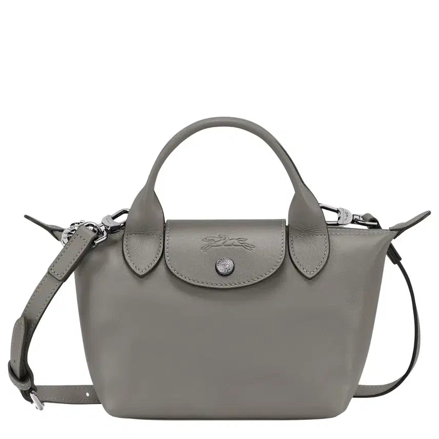 [BUNJANG] Longchamp Le Pliage Extra XS Mini Tote Bag Gray Leather / ㅁ롱샴 르 플리아쥬 엑스트라 XS 미니 토트백 그레이 천연가죽 / 숄더스트랩 분리가능 한번사용무료발송