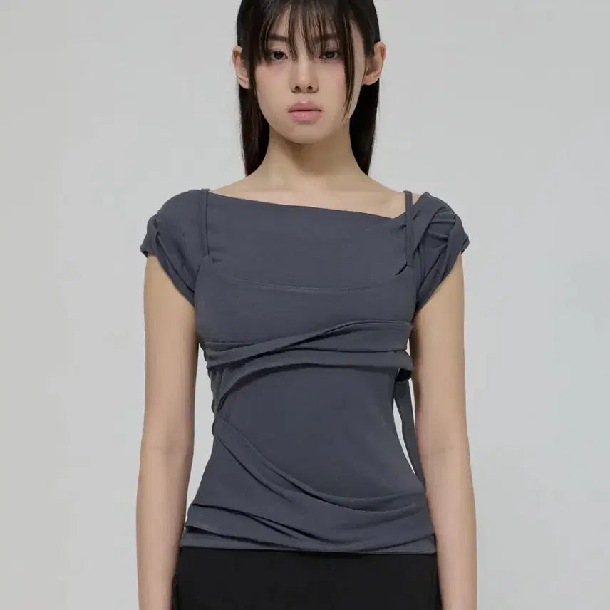 [BUNJANG] Flare Up Layered Bustier T-Shirt Charcoal / 플레어업 Layered Bustier T-Shirt 챠콜
