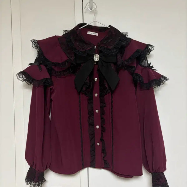 [BUNJANG] Noemi Burgundy Wine Ribbon Off-Shoulder Blouse / 노에미 버건디 와인 리본 오프숄더 블라우스m