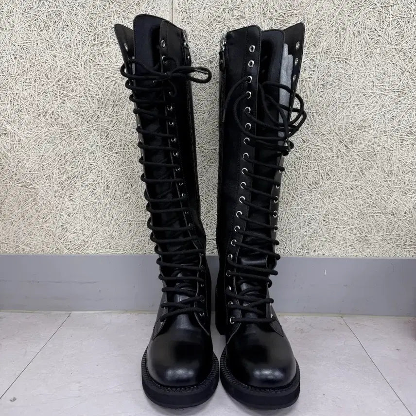 [BUNJANG] Black Chunky Platform Mid-Heel Boots (Size 250) / 고퀄 롱부츠 블랙 통굽 워커 미들힐 250