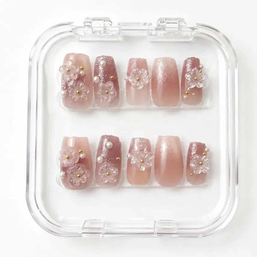 [BUNJANG] Flower Charm Nail Tips (Pink/Beige) / 꽃 파츠 네일팁 핑크/베이지