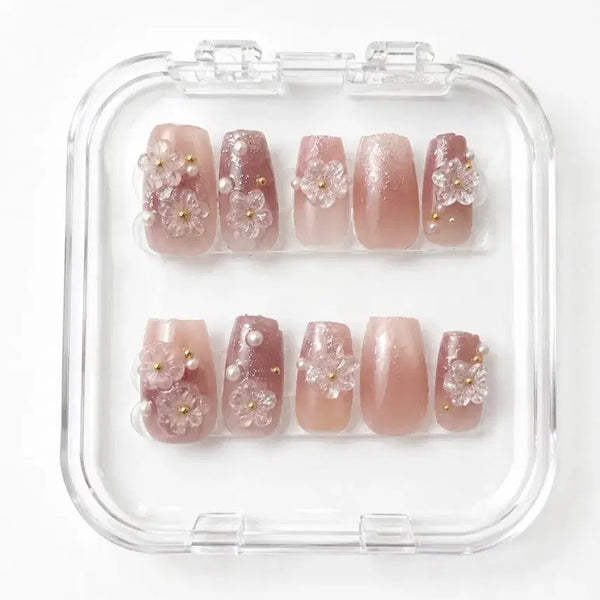 [BUNJANG] Flower Charm Nail Tips (Pink/Beige) / 꽃 파츠 네일팁 핑크/베이지