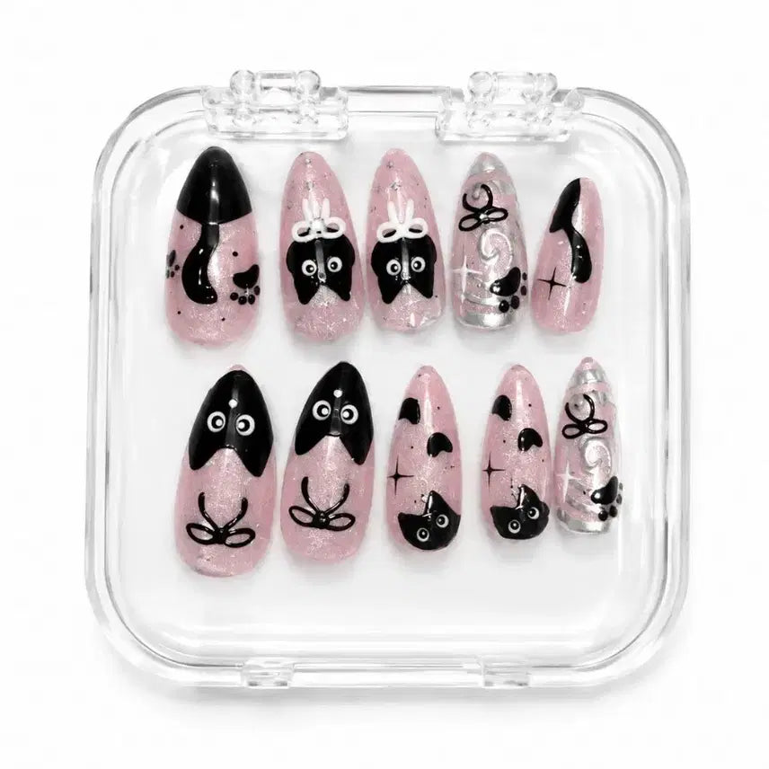 [BUNJANG] Syrup Pink Cat Charm Nail Tips / 시럽 핑크 고양이 파츠 네일팁