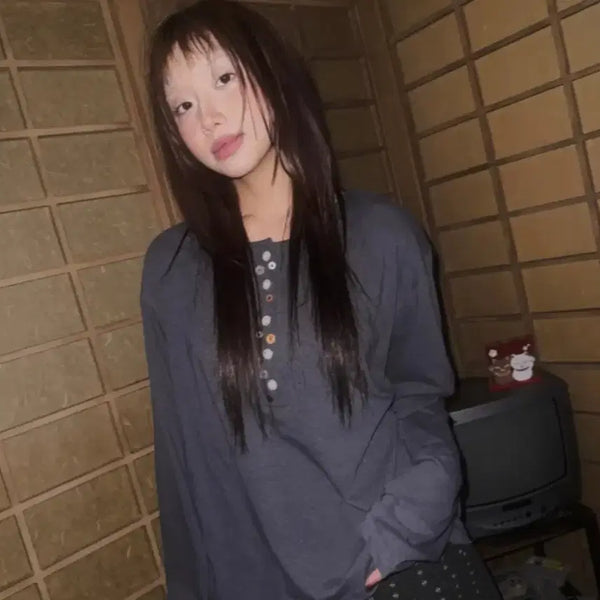 [BUNJANG] Douchidouchi Button Neck Slub Long Sleeve T-Shirt / 에이블리 도우치도우치 뒤죽박죽 버튼 넥 슬럽 긴팔티