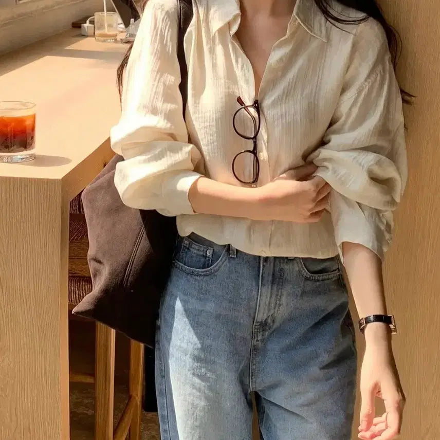 [BUNJANG] Pureda Ivory Wrinkle Oversized Shirt / 퓨어다 아이보리 링클 셔츠