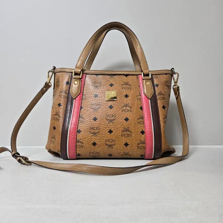 [BUNJANG] MCM Monogram Stripe Tote Bag/Shoulder Bag / MCM 토트백 숄더백 브라운 핑크 스트라이프