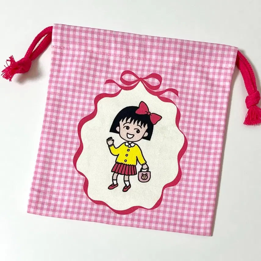[BUNJANG] Chibi Maruko-chan Pink Check Drawstring Pouch / [새제품] 치비마루코짱 핑크 체크 조이개 파우치