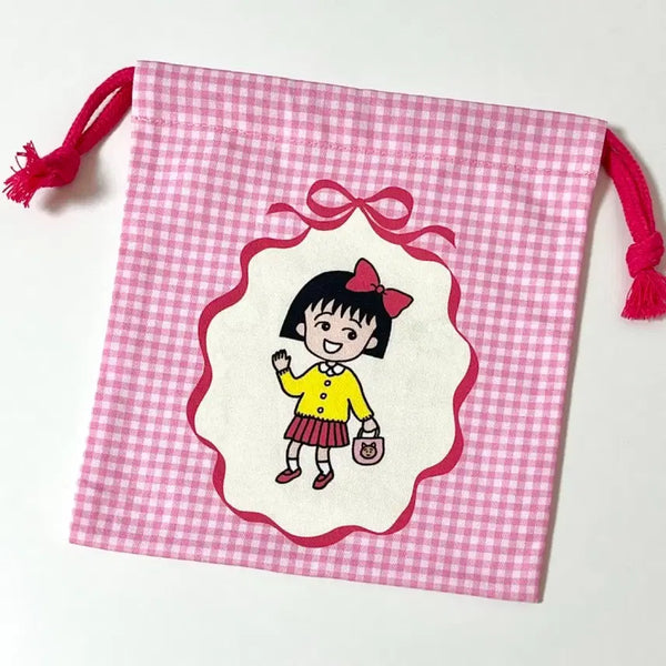 [BUNJANG] Chibi Maruko-chan Pink Check Drawstring Pouch / [새제품] 치비마루코짱 핑크 체크 조이개 파우치