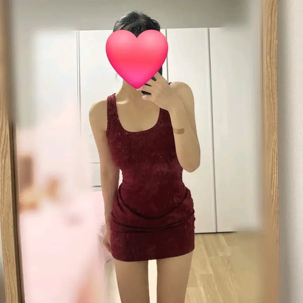 [BUNJANG] Burgundy Ribbed Dress + Bra + Strap Panty Set / 버건디 골지 원피스 + 브라 + 끈 팬티 세트 (중고)