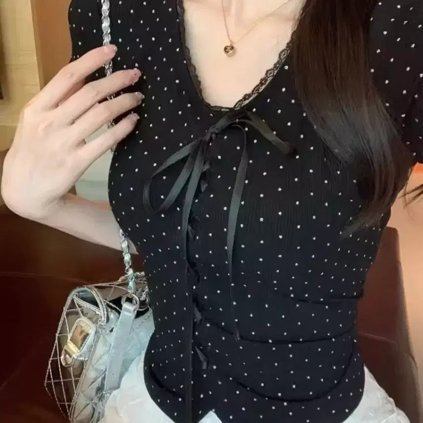 [BUNJANG] Black Dot Lace Ribbon Short Sleeve T-Shirt / 블랙 도트 땡땡이 레이스 리본 반팔티