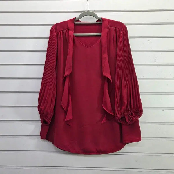 [BUNJANG] Red Tie-Front Blouse with Pleated 3/4 Sleeves / 레드 소매주름원단 칠부소매  앞끈장식 블라우스/보물찾기천사