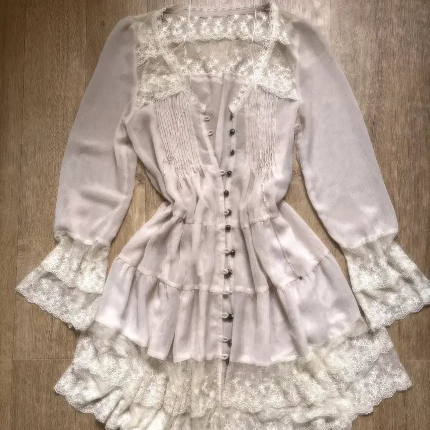 [BUNJANG] Lace Button Layered Dress / 레이스 버튼 레이어드 원피스