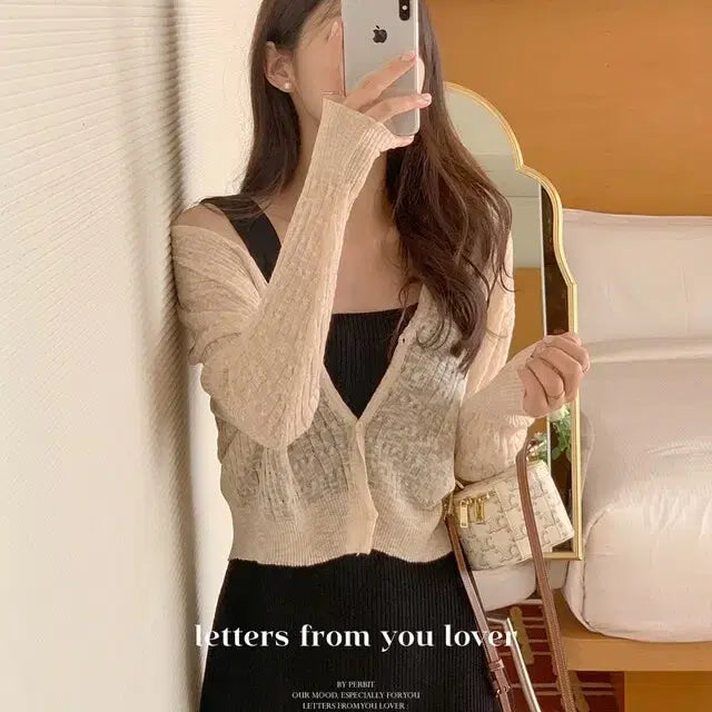 [BUNJANG] FABBIE Square Neck Knit Dress & Cardigan Set / 퍼빗 스퀘어넥 니트 원피스 가디건 세트