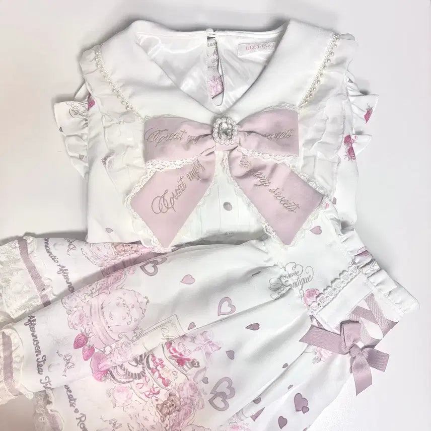 [BUNJANG] Liz Lisa Authentic Afternoon Tea Short Sleeve Ribbon Bijou Setup White Pink / LIZLISA 정품 리즈리사 애프터눈티 반팔 리본 비쥬 화이트 핑크 셋업