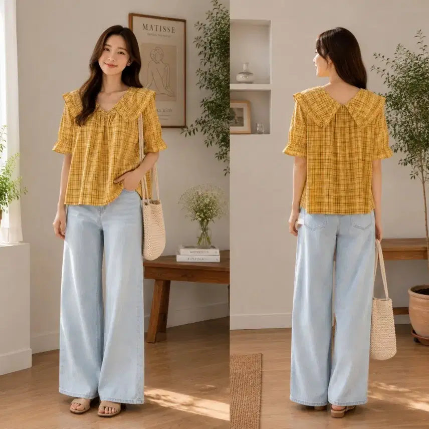 [BUNJANG] Yellow Check Collar Short Sleeve Blouse / 노란 체크 카라 반팔 블라우스